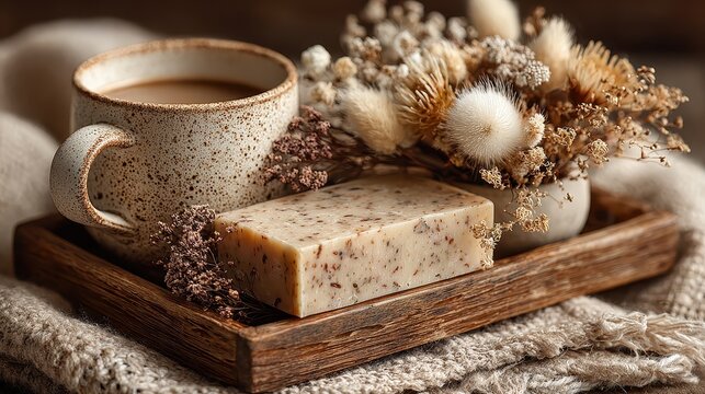 Warm coffee mug, handmade soap and dried flower arrangement on a wooden tray sitting atop a cozy knit blanket, providing a feeling of comfort and relaxation