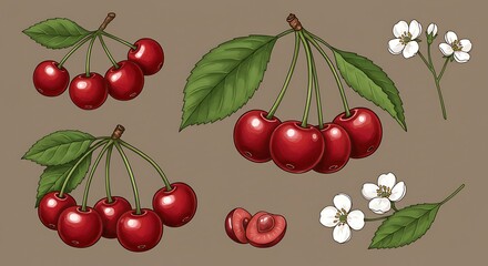 Vintage Cherry Illustration with Leaves and Flowers.