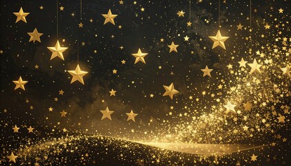 Golden stars hanging against a dark background