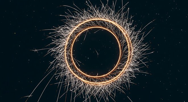 Sparkler circles glowing in the dark night.