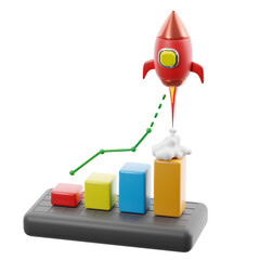 Rocket taking off next to growth bars. 3D illustration.