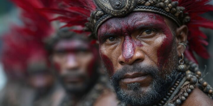 An indigenous man with red face paint and a feathered headdress in focus.