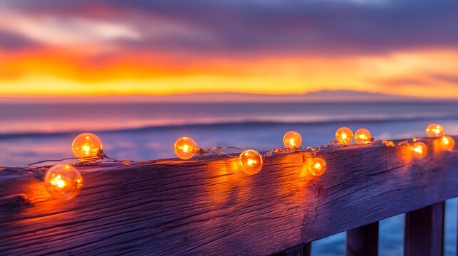 Romantic Sunset Beach Scene with String Lights on Wooden Fence
