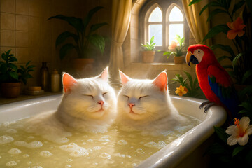 A loving pair of white cats relaxes in a bathtub, enjoying a hot bath. Sunlight streams into the bathroom, illuminating it with warm rays. A creative illustration.  