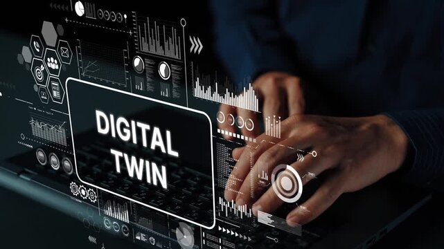 Hands Typing on Laptop with Digital Twin Concept Visualization and Data Graphics on Display. Asymptotic smart data analytic.
