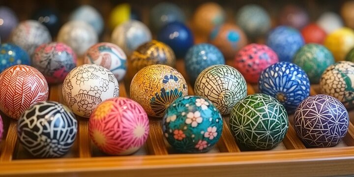 Exquisite temari balls, a Japanese folk art, present intricate patterns and vibrant colors.
