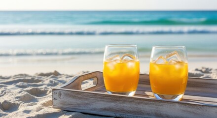 Refreshing orange juice with ice on a wooden tray at a tropical beach