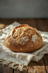 Naklejka premium Golden crust artisan bread on rustic wooden table with linen napkin, closeup, homemade bakery