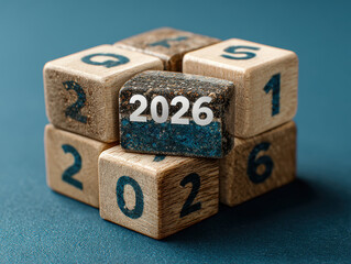 A dark green surface hosts a 3D arrangement of wooden blocks The central block is blue, displaying 2026 Gemstone It rests on another block, creating a visual puzzle The blocks have w - AI-Generated
