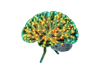 Artificial intelligence concept a brainshaped circuit board with glowing connections, isolated on transparent background, symbolizing advanced technology