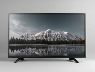 Large, modern flat-screen TV displaying mountain scenery over water Sleek design, mounted stand, showcase setting No visible text or brands Professional photograph style - AI-Generated