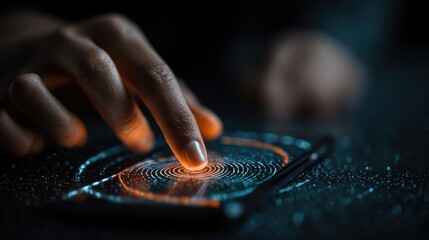 Person unlocking smart phone with futuristic fingerprint scan technology at night