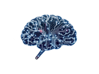 Artificial intelligence concept a brainshaped circuit board with glowing blue connections, isolated on transparent background, symbolizing advanced technology