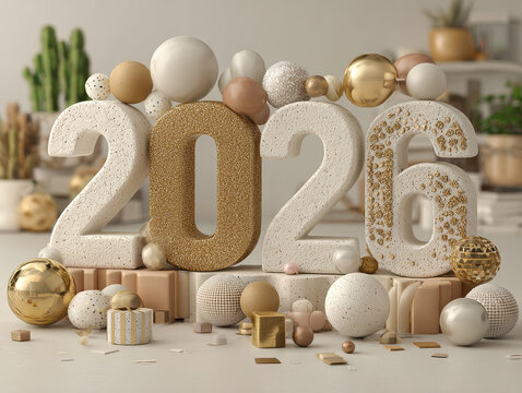 Large, centrally positioned 3D number 2 and inscriptions of 0 and 6, set against a backdrop of colorful confetti elements, in a digital art style The overall theme is New Year ce - AI-Generated