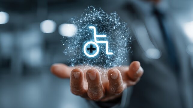 Doctor interacts with digital interface showing human health icons and medical symbols in virtual reality for healthcare technology and medicine