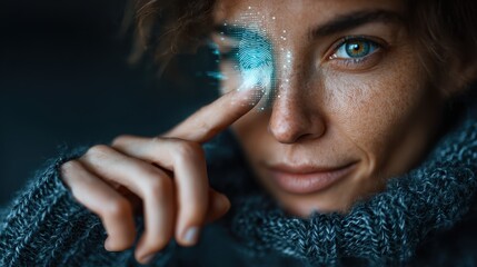 Person unlocking smart phone with futuristic fingerprint scan technology at night