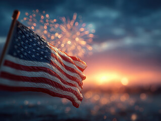 A vibrant, low-angle shot of a patriotic celebration with the American flag in focus, surrounded by exploding fireworks against a gradiated sky - AI-Generated