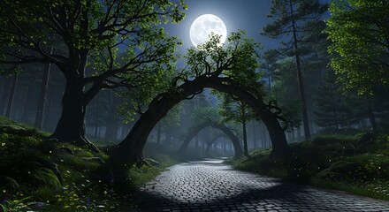 A paved path winds through a mystical forest at night, illuminated by a full moon, creating a serene and enchanting scene.