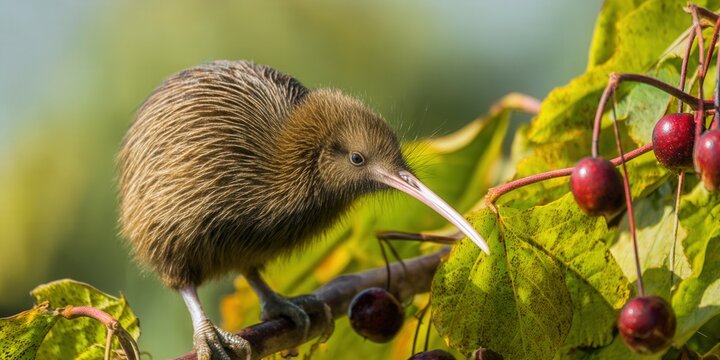 A kiwi bird, a native of New Zealand, perches on a branch with red berries.