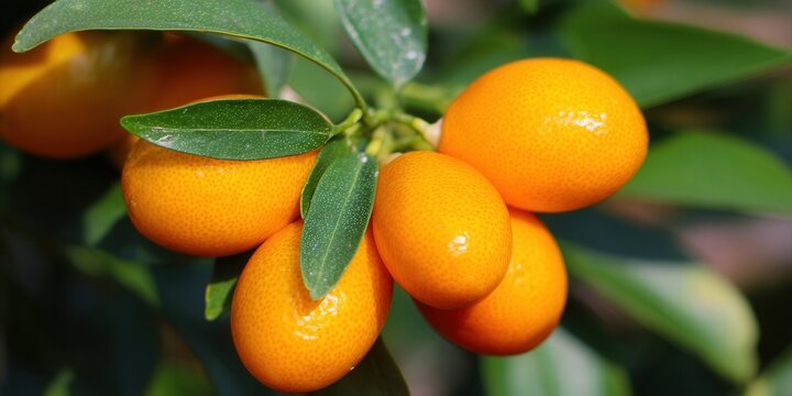 A close-up captures ripe kumquats on a branch with lush, green leaves.