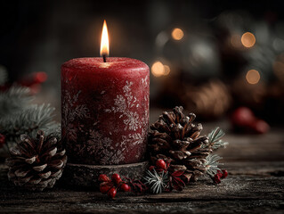 A festive scene on a dark wooden surface, featuring a tall red candle with etched snowflake patterns Scattered pine cones and berries, and distant Christmas lights create a cozy holida - AI-Generated