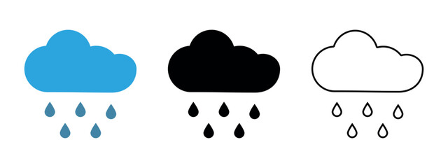 Rain with Cloud icon color, outline, black full. Rainfall, shower, downpour. Set of different types of Drizzle weather symbol for forecast interface. Precipitation. Flat style. Vector illustration