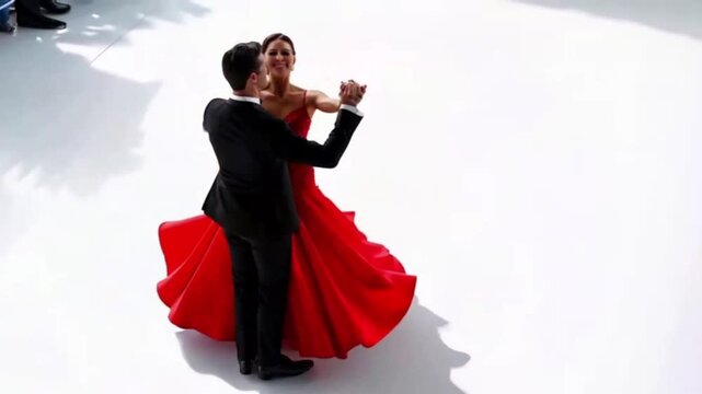 Top angle view of an elegant dancing couple performing a graceful ballroom routine with flowing movements, bright cinematic lighting, and stylish attire, capturing passion, elegance, and artistry