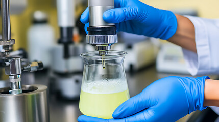 Scientist pouring liquid into a beaker using a precision instrument in a laboratory setting