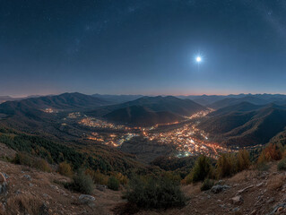 Panoramic mountain range view at night, with a contrasting cityscape Starlit sky above and twinkling city lights below Rugged, undulating terrain in shades of brown and green No huma - AI-Generated