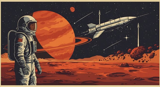 Vintage Science Fiction Space Exploration Scene.