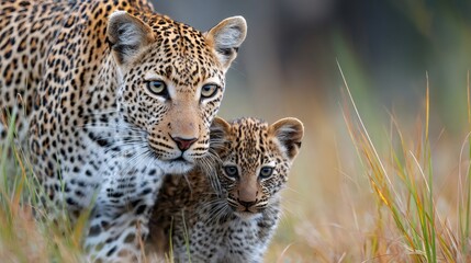 Fototapeta premium Leopard mother and cub walking in tall grass