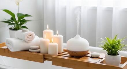 Serene bathroom arrangement with candles, diffuser, towels, stones, and plants on a wooden tray