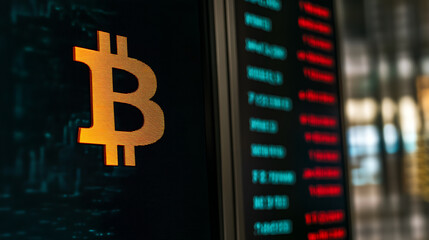 Bitcoin Symbol Displayed on Digital Screen with Stock Tickers