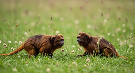 Two Golden Lion Tamarins in a Field of Flowers.