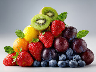 Obraz premium Close-up still life of vibrant fruits, predominantly strawberries, arranged on a white surface against a neutral backdrop The arrangement features varying sizes and colors, with a sing - AI-Generated
