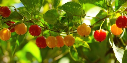 Obraz premium Vibrant Barbados cherries in various colors hang from a leafy branch in the sunlight.