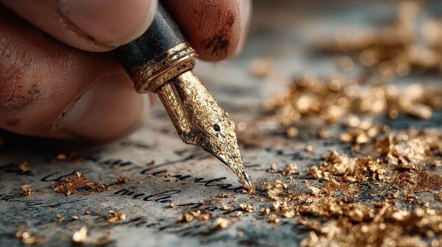 Golden fountain pen writing on gray paper with decorative gold flakes creates elegant and luxurious correspondence