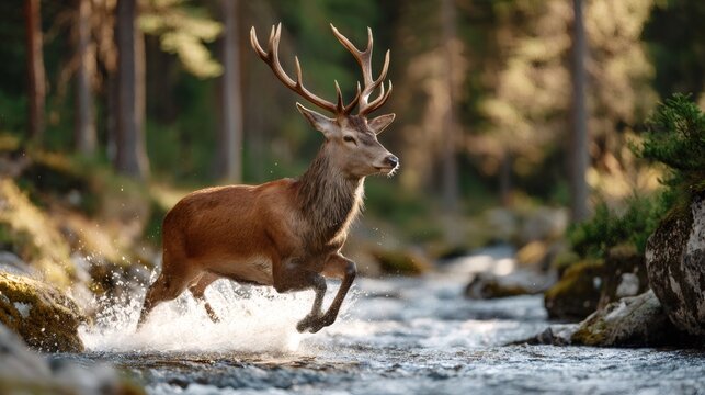 Red deer stag running through river in forest