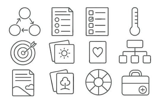 Therapy Tools Icons. Line style icons of therapy tools: CBT triangle icon, thought log form, DBT worksheet icon, emotion