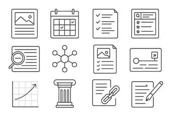Content Strategy Icons. Line style icons of content strategy: blog post icon, content calendar, editorial checklist, keyword