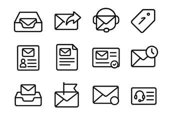 Email Support Icons. Line style icons of email support: inbox icon, reply mail arrow, forward support email, ticket number tag,