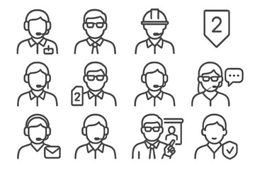 Helpdesk Role Icons. Line style icons of helpdesk roles: support agent badge, help desk manager icon, technical lead icon, tier 1