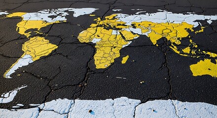 A world map painted in bright yellow on a cracked asphalt surface, showcasing continents outlined against a backdrop of dark gray and off-white.