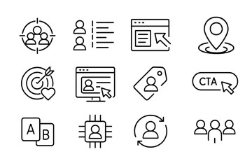 Personalization Targeting Icons. Line style icons of personalization and targeting: custom audience icon, segmented list, dynamic