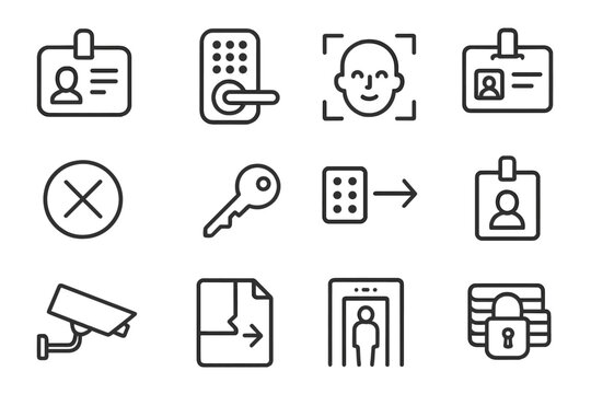 Access Security Icons. Line style icons of access and security: office access card, smart lock, face recognition, secure file