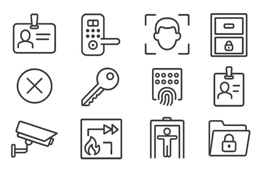 Access Security Icons. Line style icons of access and security: office access card, smart lock, face recognition, secure file