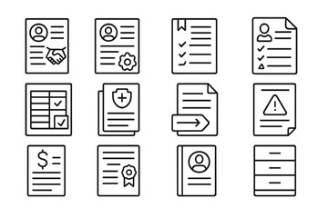 HR Documents Icons. Line style icons of HR documents: employment contract, job description file, policy manual, performance