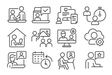 Remote HR Icons. Line style icons of remote work HR: remote onboarding, virtual check-in, remote collaboration icon, digital time