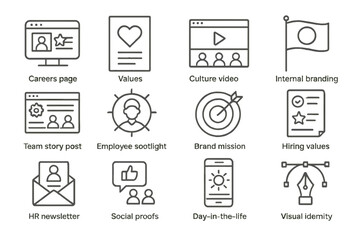 HR Branding Icons. Line style icons of HR branding: careers page icon, values poster, culture video icon, internal branding, team