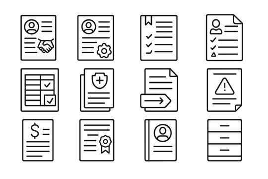 HR Documents Icons. Line style icons of HR documents: employment contract, job description file, policy manual, performance